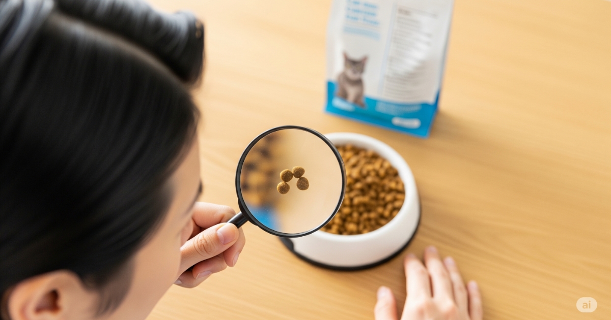 ジャガーキャットフードの安全性と原材料の分析をしている画像。飼い主がフードの成分を虫眼鏡で真剣に確認しており、消費者が持つ安全性や気になる成分への関心の高さを表しています。