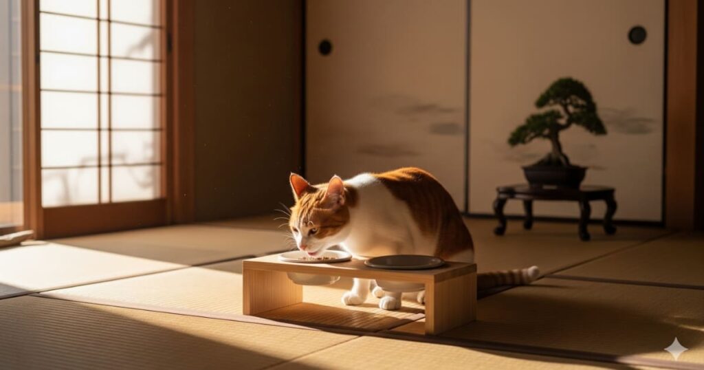 老猫 食べムラ 対策 - 高さのある食器台を使い、楽な姿勢で食事をする老猫。シニア猫の身体への負担を軽減し、快適な食事環境を整える工夫を表す一枚。