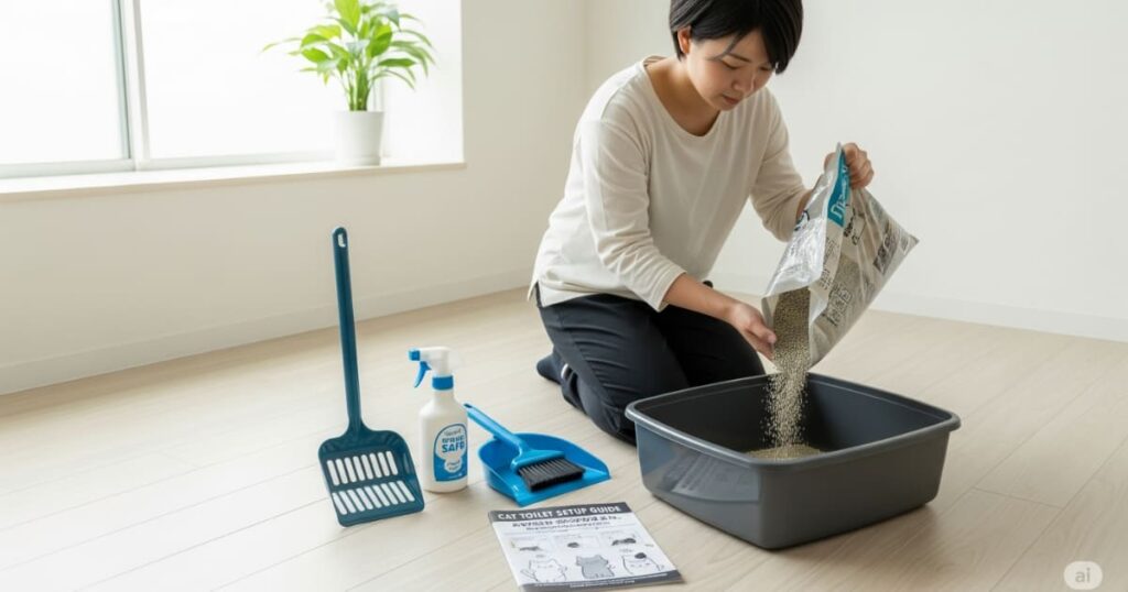 「猫のトイレ準備 - 専門家が解説する、正しい猫用トイレの選び方と設置ポイント」
新しい猫用トイレを準備している様子です。清潔なトイレ環境を整えることが、猫との快適な生活の第一歩です。この画像は、飼い主が愛猫のために丁寧な準備をしている様子を伝え、トイレ選びの重要性を示唆します。