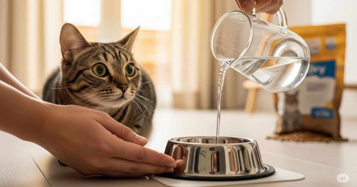 猫 健康管理 病気のサイン - 飼い主が新鮮な水をボウルに注いでいるのを、猫が真剣に見つめている。飲水量の変化は腎臓病などのサインでもあり、日々の健康チェックがいかに大切かを示す画像