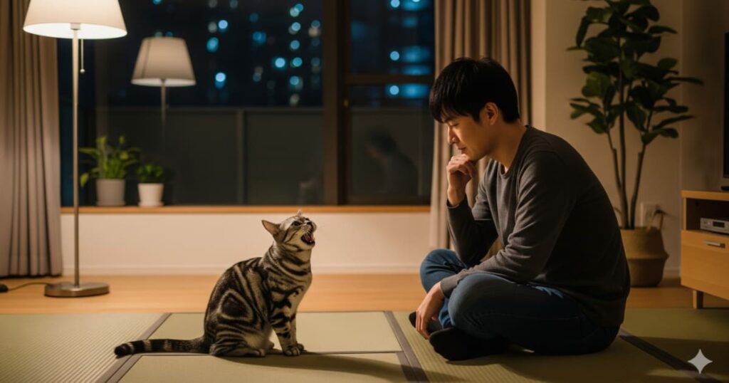 「猫の夜鳴き 原因 - 夜のモダンな和室で、口を開けて鳴いているアメリカンショートヘアと、その様子を心配そうに見つめる20代の日本人男性」