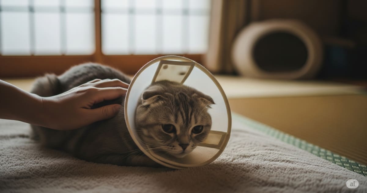 「猫 医療費 高額 - エリザベスカラーを巻いたスコティッシュフォールドが、リビングのブランケットの上で安静にしている。病気やケガによる高額な医療費への備えの必要性を暗示する。」