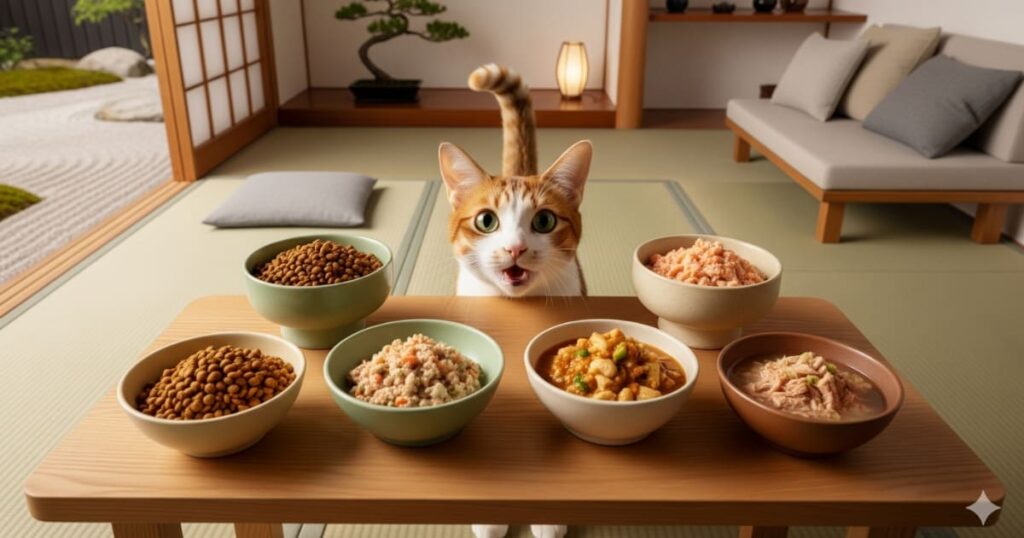 猫 食べムラ フードローテーション - モダンな日本のリビングに並べられたウェットとドライのキャットフードを、興味深そうに見つめる日本猫。猫の食事習慣の改善方法を象徴する一枚。