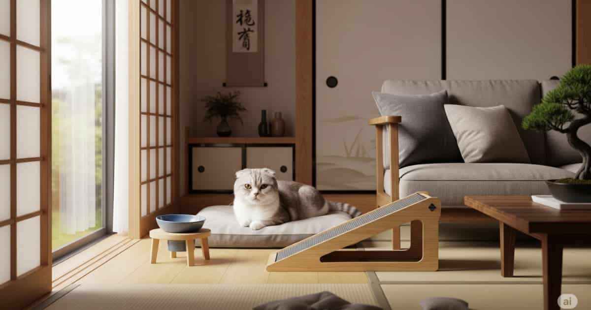 高齢期 老化のサイン 環境づくり - 穏やかな表情の老猫が、低いベッドで休んでいる。ソファの隣にはスロープが置かれ、高齢の猫が快適に暮らせるよう配慮された、優しさあふれる住環境の画像