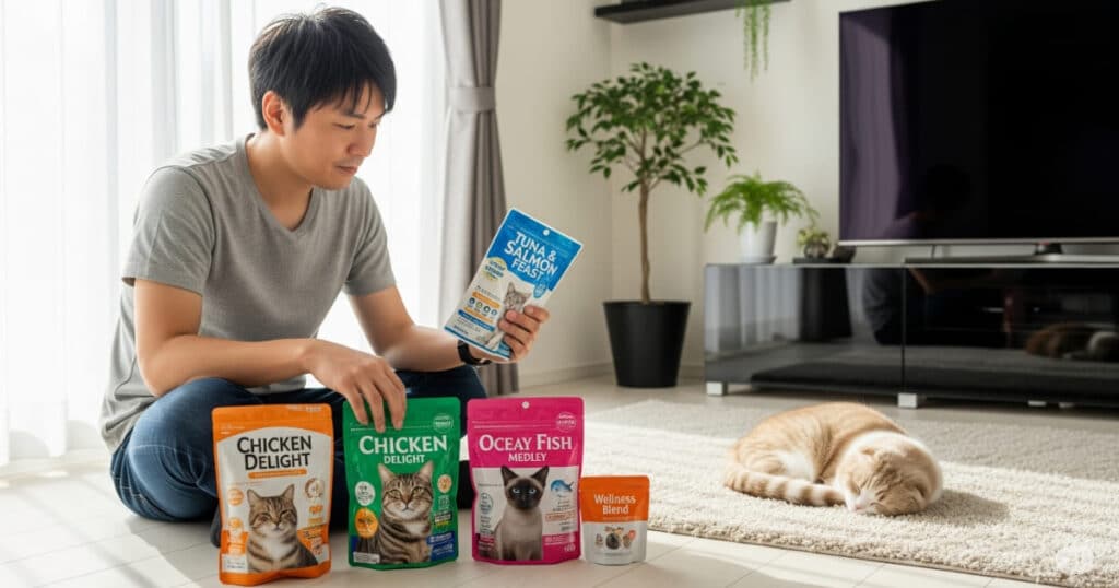 「初心者向けフード選択の考え方 - 様々なキャットフードを前に、どれが愛猫に最適か思案する飼い主。フード選びは価格や人気だけでなく、猫の健康を第一に考えるべきであることを表現する画像。」