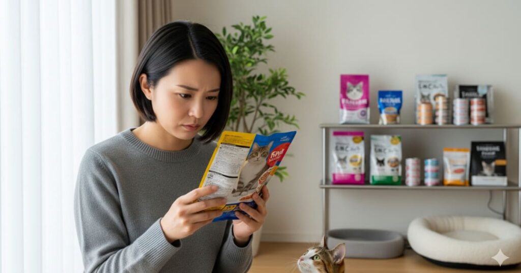 猫フード 間違った与え方 - 心配そうな表情でキャットフードの成分表示を確認する飼い主と、その足元で心配そうに見上げる猫の様子