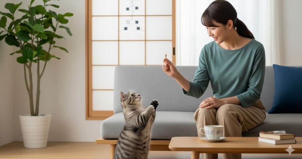 「可哀そうだから おねだりに応じる - 飼い主がソファに座っていると、足元でマンチカンがおやつをねだり、飼い主が根負けして与えようとしている」