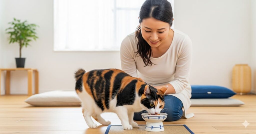 「正しい食事管理で健康寿命を延ばそう - 穏やかな日本のリビングで、健康的な日本猫が食事をしているのを、愛情深い飼い主が見守っている」