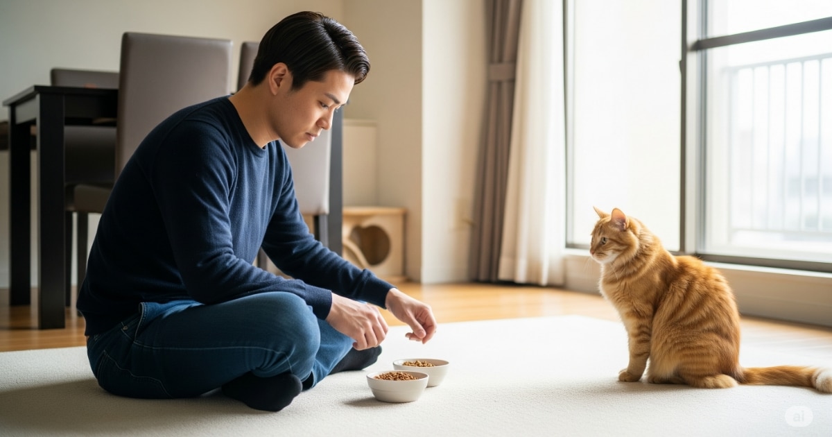 2種類のキャットフードのメリット・デメリットを比較検討する飼い主の画像