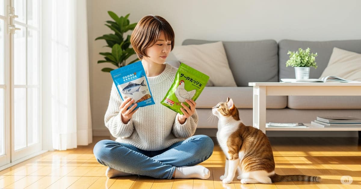 「初心者向け猫フード選び完全ガイド - 明るいリビングで、若い日本人女性が愛猫（日本猫）と一緒にキャットフードのパッケージを比較しながら、最適なフードを選んでいる様子。」