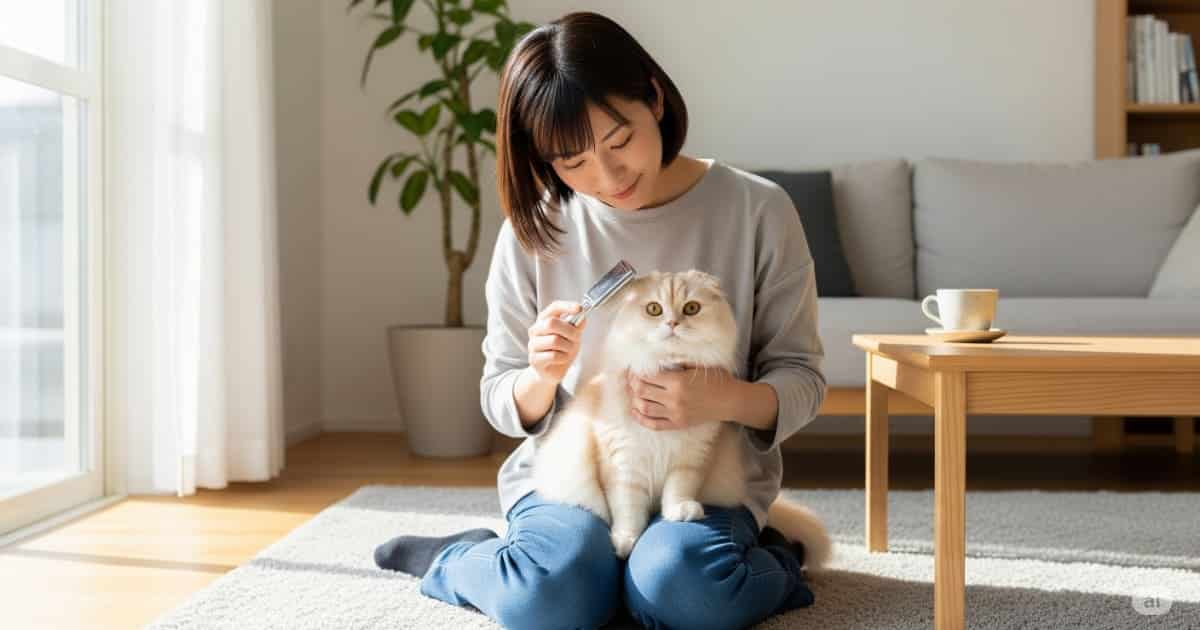 猫の健康チェック グルーミング - 飼い主がリビングでアメリカンショートヘアの猫に優しくブラシをかけている。猫の健康管理と日々のコミュニケーションの重要性を示す画像