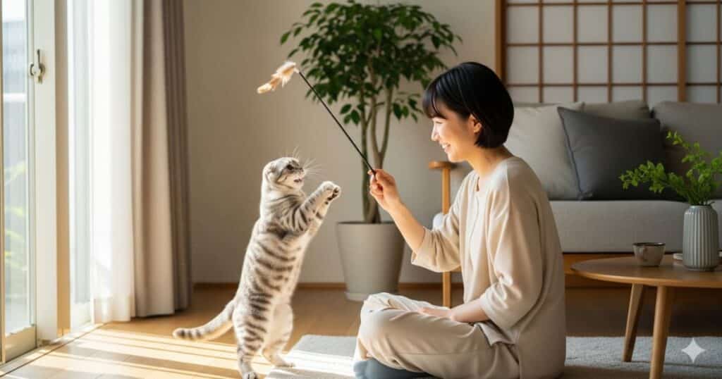 「愛情の示し方を見直そう - 日当たりの良い日本のリビングで、飼い主がスコティッシュフォールドと猫じゃらしで遊びながら、食事以外の方法で愛情を表現している」
