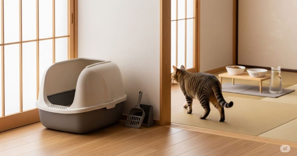 「トイレの設置場所のポイント - 猫が落ち着ける、静かで最適なトイレの設置例」
リビングの隅の静かな場所に設置された猫用トイレです。食事場所や水飲み場から離れ、人通りが少ない場所に置くという、猫が安心して排泄できる環境作りのポイントを具体的に示しています。