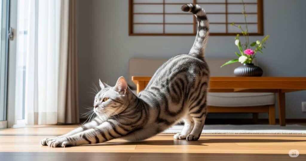 「成猫期のフード選びと体重維持 - 健康的で引き締まった体型の美しいアメリカンショートヘアが、モダンなリビングの床で優雅に伸びをしており、理想的な体重管理がでている様子。」