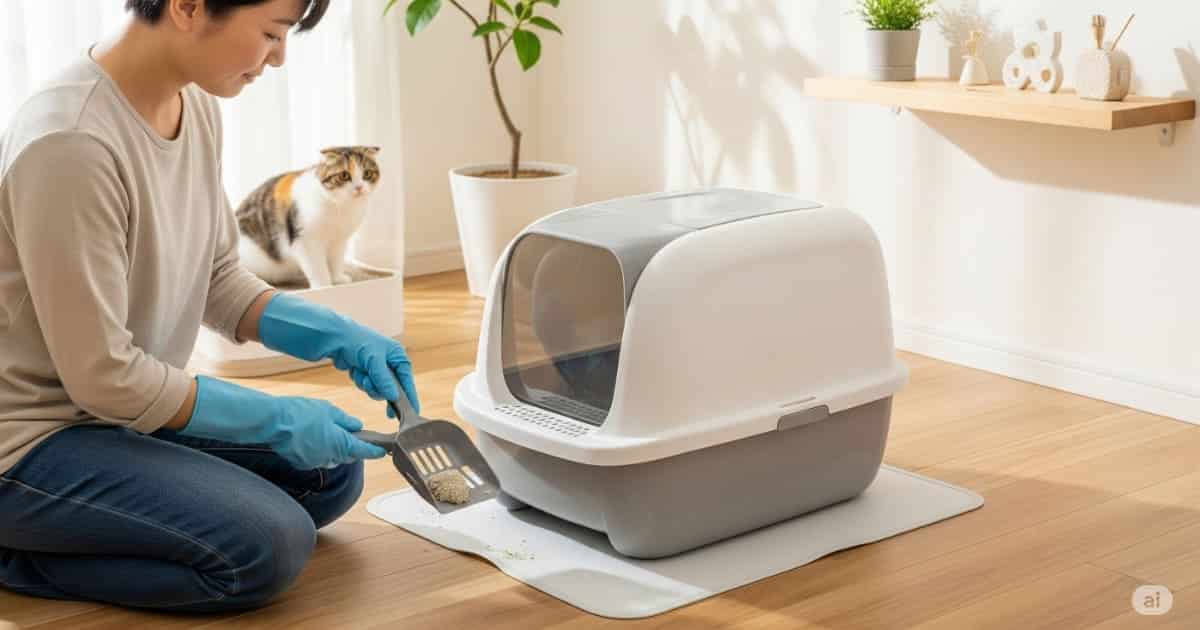 猫のトイレ 掃除 - 清潔な日本の部屋で、飼い主が猫のトイレを丁寧に掃除している。猫が快適に暮らすための、衛生管理の重要性を表すクローズアップ写真