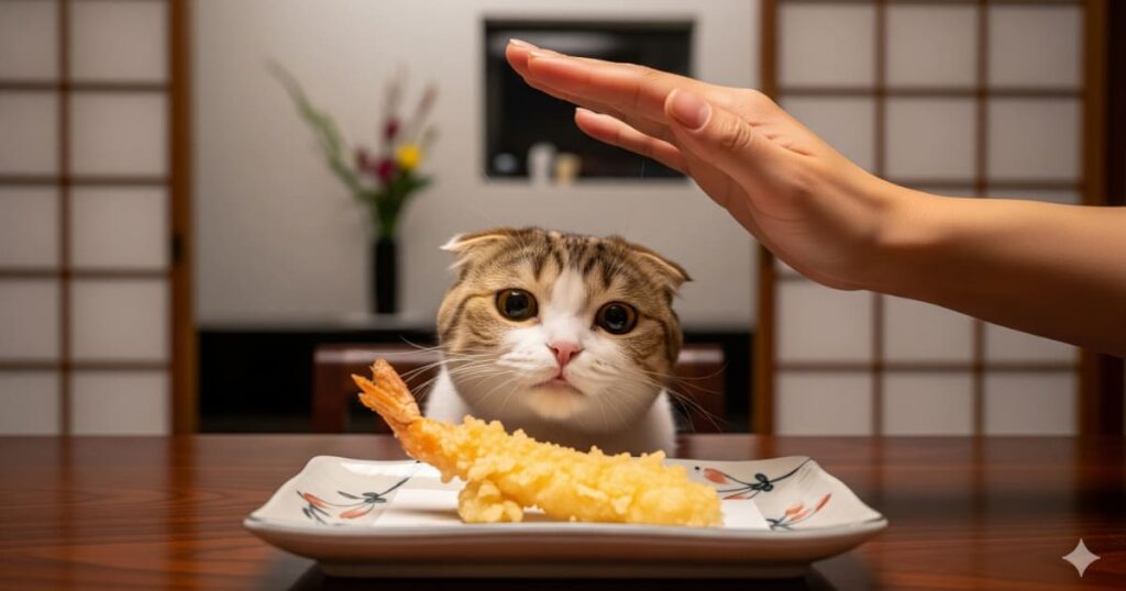 「人間の食べ物 少しだけ - モダンな日本の食卓で、飼い主が箸で天ぷらを食べようとしているのを、スコティッシュフォールドが羨ましそうに見つめている」