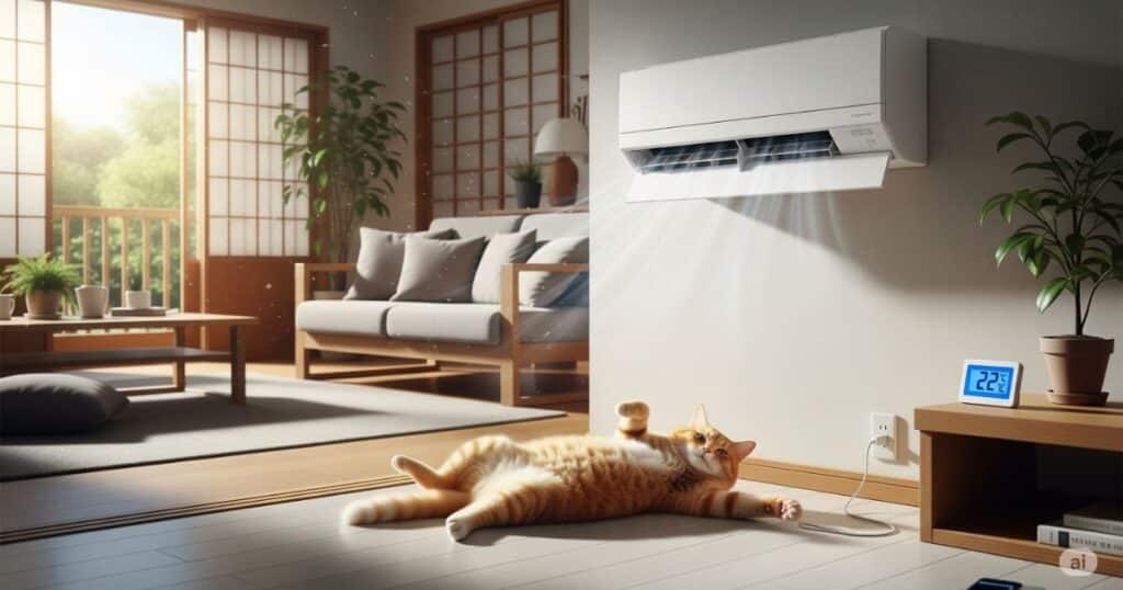 「電気代 - 猫の快適な生活のための、夏冬のエアコン代という追加費用」
夏の暑い日、エアコンが効いた涼しい部屋で猫が気持ちよさそうに寝ています。猫は人間よりも温度変化にデリケートなため、夏場や冬場は24時間体制での空調管理が必須となり、その分の電気代増加を見込んでおく必要があります。