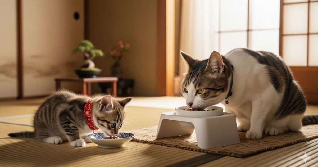 猫 食べムラ 年齢別 - 子猫と老猫がそれぞれ自分に合った食器で食事をしている様子。年齢によって異なる食べムラ対策の必要性を示す、心温まる写真。
