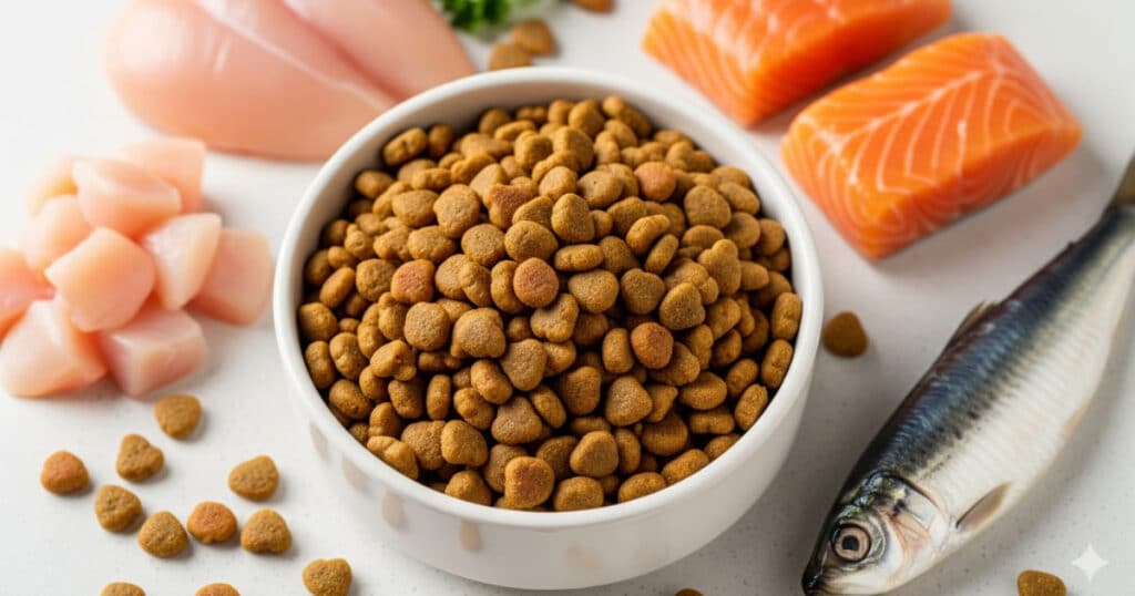 「猫の夜鳴き フード - 満腹感と消化の良さをテーマにしたキャットフードのイメージ。高品質な原材料（鶏肉、魚）が、令和時代のモダンな日本のキッチンカウンターに並ぶ」