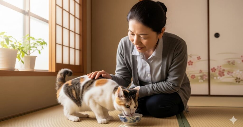 「老猫 食事管理 - 老猫が療法食を食べる様子を、愛情深い眼差しで見守る飼い主。シニア猫の健康を気遣う丁寧な介護のイメージ」
