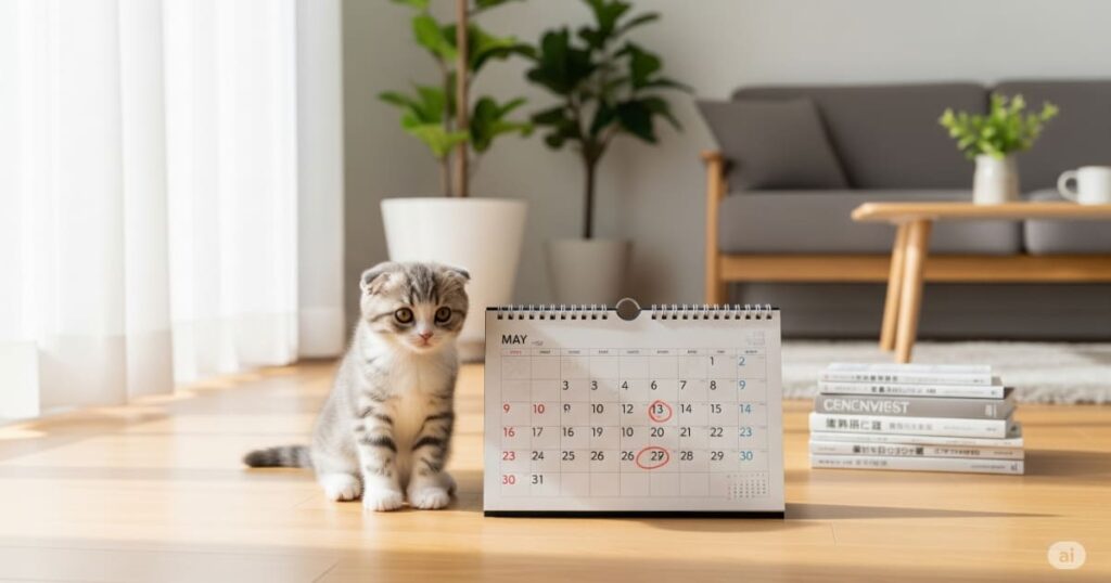 「手術時期 考慮 - 好奇心旺盛なスコティッシュフォールドの子猫が、モダンな日本のリビングの床でカレンダーの隣に座っている。飼い主が最適な手術のタイミングを考えている様子を表現」