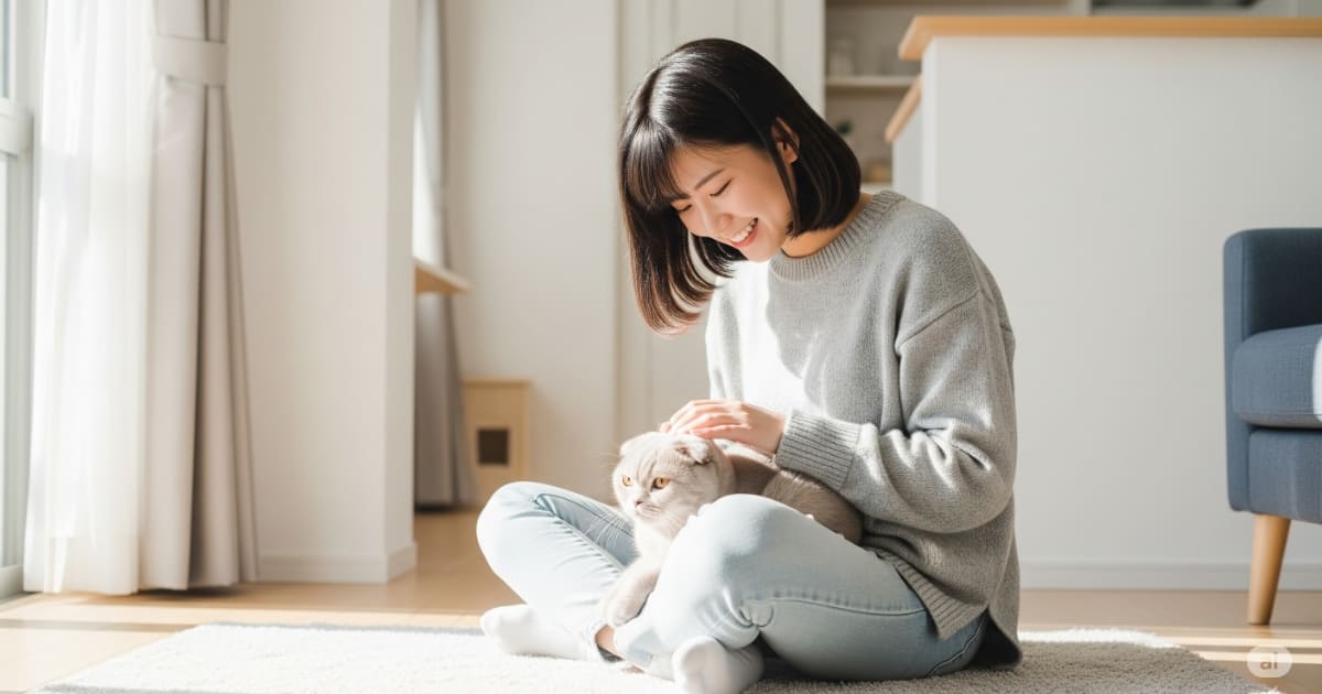 「猫 生涯費用 現実 - 明るい日差しの入るモダンな部屋で、愛猫のスコティッシュフォールドを優しく撫でる飼い主の日本人女性。猫との長い暮らしと生涯費用を象徴する一枚。」