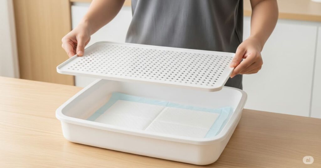 「システムトイレ - 掃除の手間を軽減する、二層構造のシステムトイレの特徴」
システムトイレの構造がよくわかる画像です。上段のすのこ部分と下段の吸収シート部分が分かれており、日々の掃除が簡単になるメリットを視覚的に伝えています。忙しい飼い主にとって便利な選択肢です。
