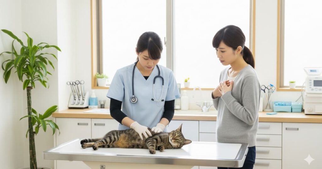 猫 食べムラ 最終手段 - あらゆる対策を試しても改善しないため、動物病院で獣医師に診察してもらう愛猫と飼い主。専門家への相談という最終手段の重要性を示す場面。
