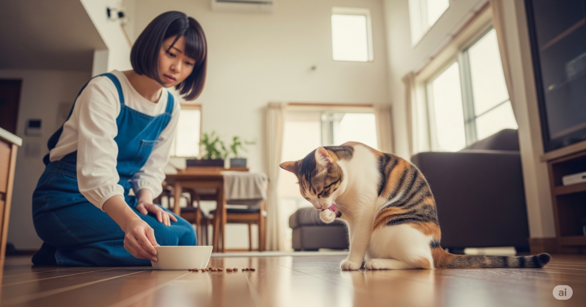 猫がごはんを少し残す原因と見分け方について、飼い主が心配そうに餌皿を見つめる様子。三毛猫は落ち着いており、病気ではない本能的な理由の可能性を示唆しています。