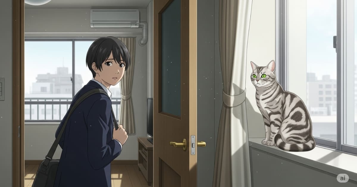 「一人暮らし 猫 費用 - 若い独身の飼い主が仕事で外出する際、窓辺で見送るアメリカンショートヘアを心配そうに振り返る。ペットシッターなどの追加コストを表現」