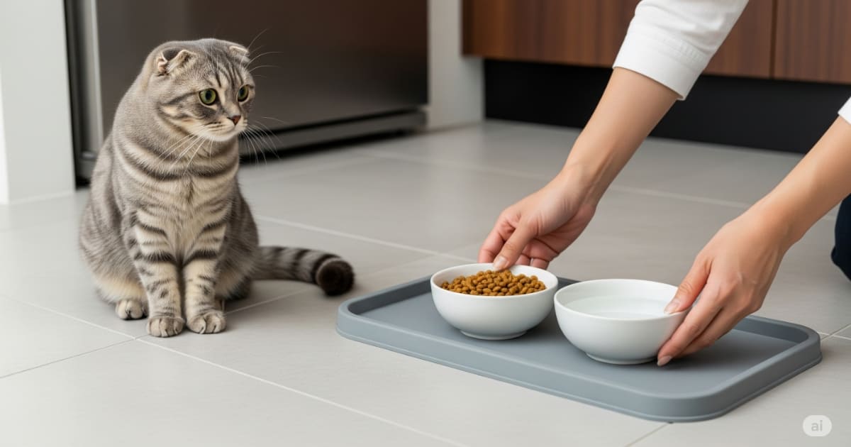 猫の食事 水 - 日本人女性がモダンなキッチンで、スコティッシュフォールドに新鮮なごはんと水を与えている。猫の健康の基本となる、適切な食事提供の場面