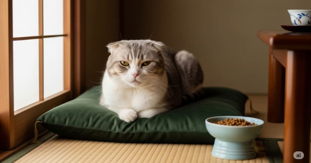 「高齢猫（シニア）期のフード選び - 穏やかな表情をした高齢のスコティッシュフォールドが、関節の健康に配慮された柔らかいクッションの上で静かにくつろぎ、そばにはシニア向けのフードが置かれている。」