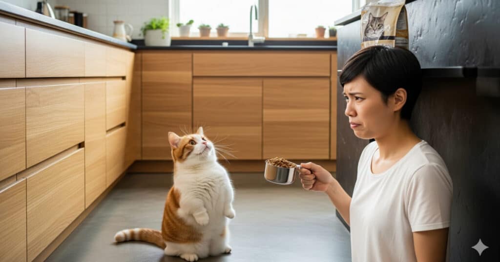 「カロリー計算 欲しがるだけ - 太り気味のマンチカンが、もっとフードが欲しいと飼い主におねだりしている。飼い主は計量カップを手に困った表情を浮かべている」