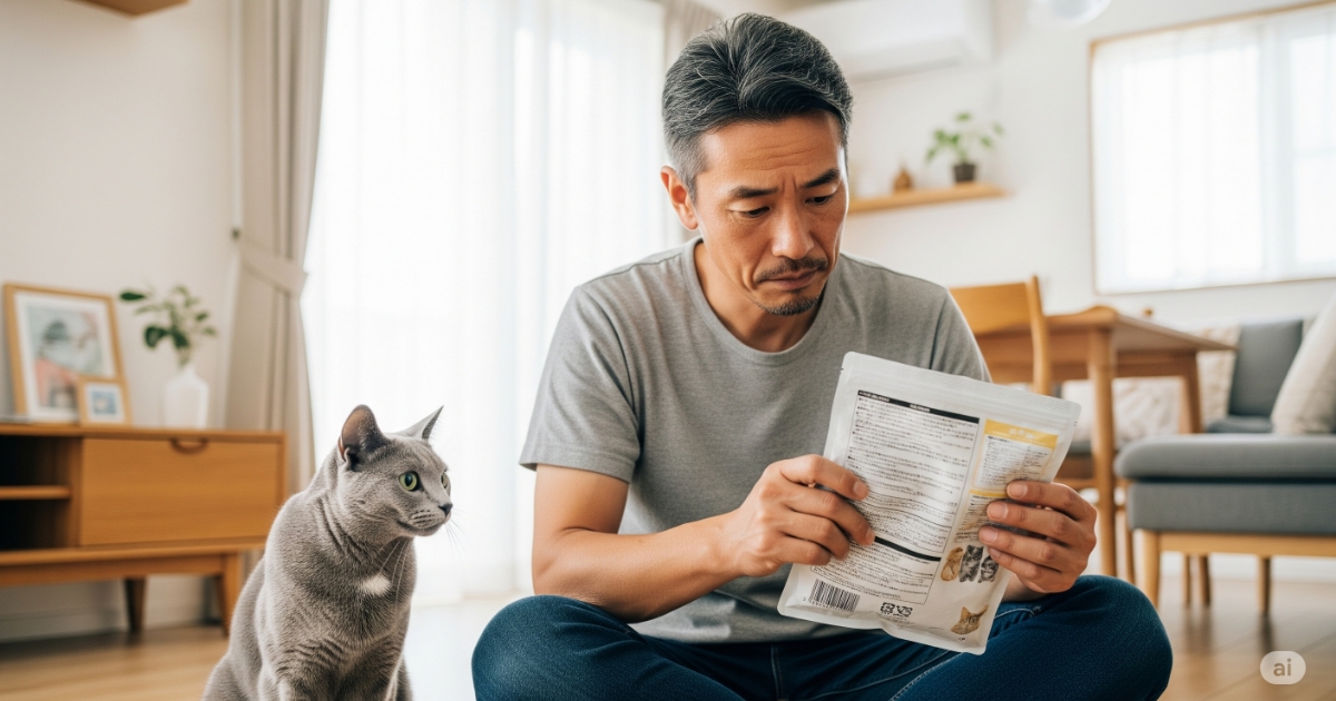 ジャガーキャットフードのデメリットと注意点。リビングでフードの成分表示を真剣に確認する40代の日本人男性と、その傍に座るロシアンブルーのシニア猫。