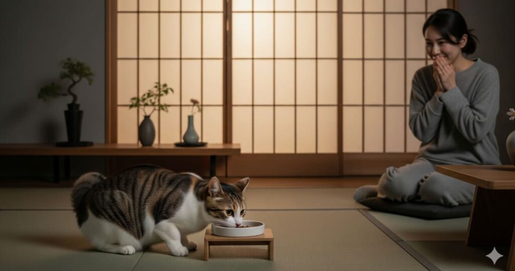 「猫の夜鳴き 食事 - 穏やかな夜の光の中で、飼い主に見守られながらキャットフードを食べる三毛猫」
