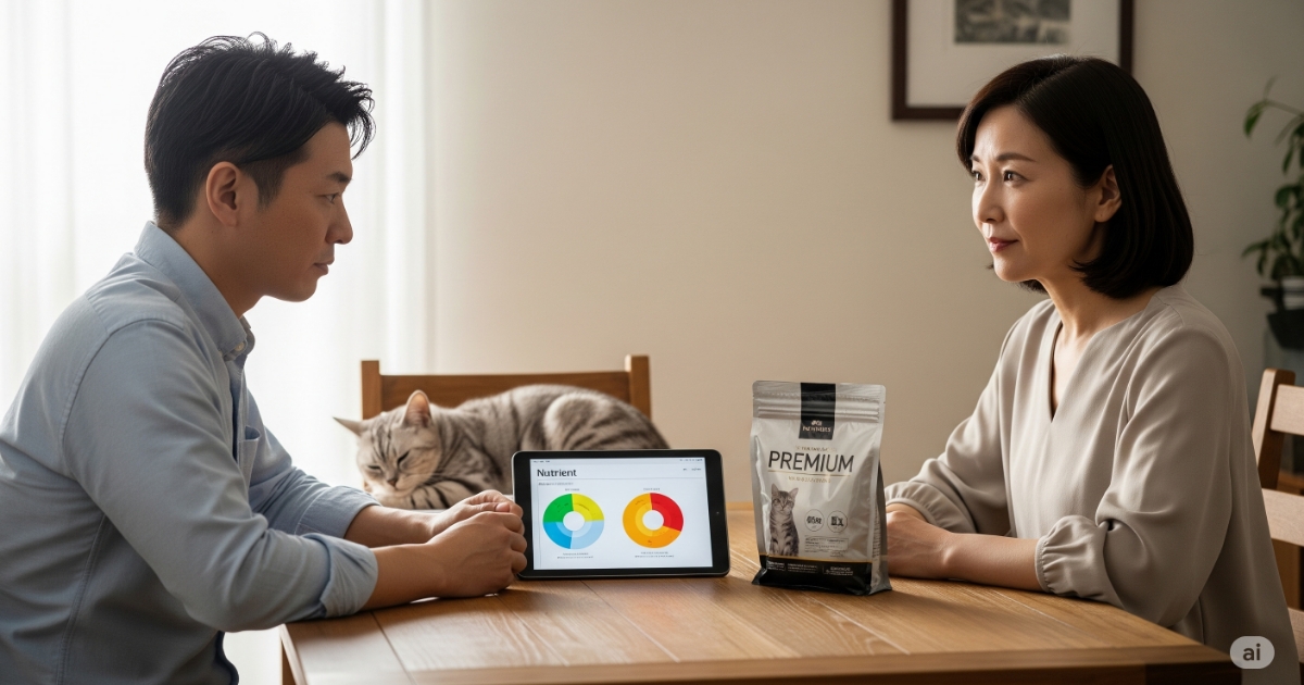 ジャガーキャットフード購入を検討する前の最終チェックシーン。40代の日本人夫婦がタブレットを見ながら真剣に話し合っており、アメリカンショートヘアの愛猫のために、購入前にしっかりと情報を確認する重要性を表現しています。