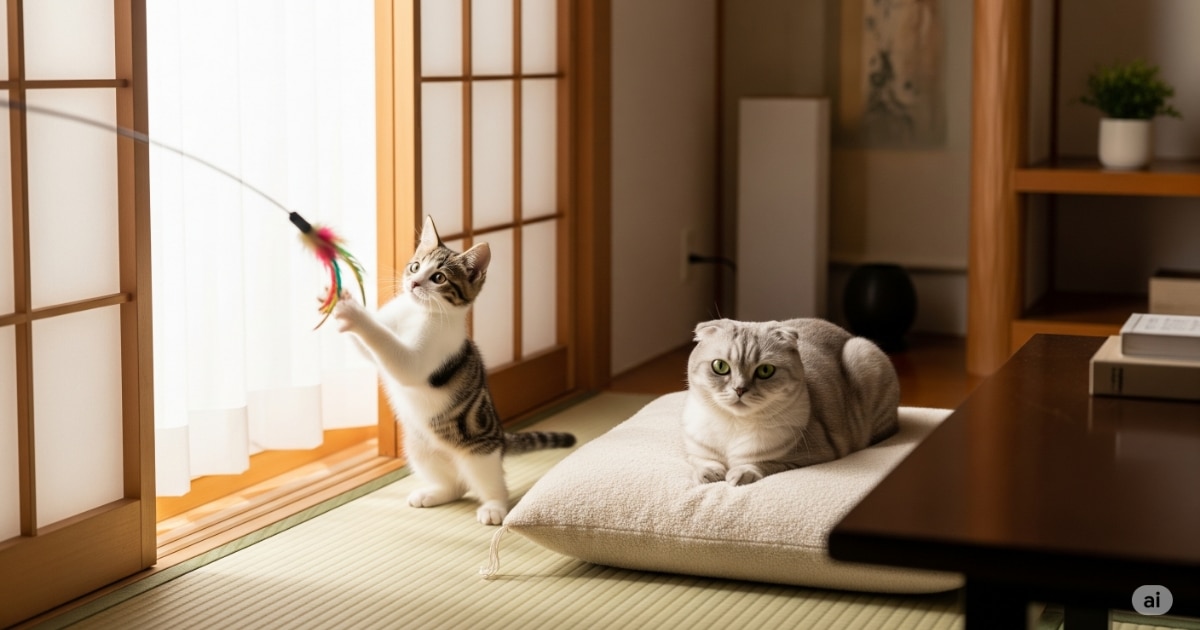 元気な子猫と落ち着いたシニア猫を比較する画像