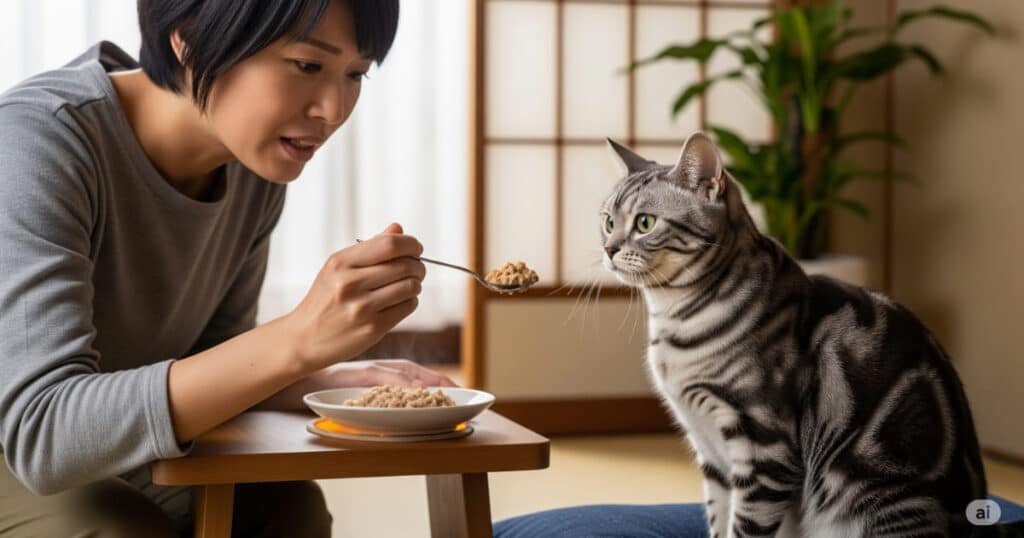 「猫 フード食べない 対処法 - 飼い主が温めたウェットフードをスプーンに乗せ、食欲のないアメリカンショートヘアに優しく差し出している。病気の可能性から、フードの温め方、環境の見直しまで、猫がご飯を食べない時の具体的な対処法を解説。」