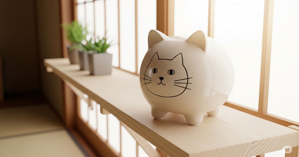 猫の医療費 備え - 将来の万が一の医療費に備えることを象徴する、猫のイラストが描かれた貯金箱。和室の棚に置かれ、猫への愛情と責任感を表現している