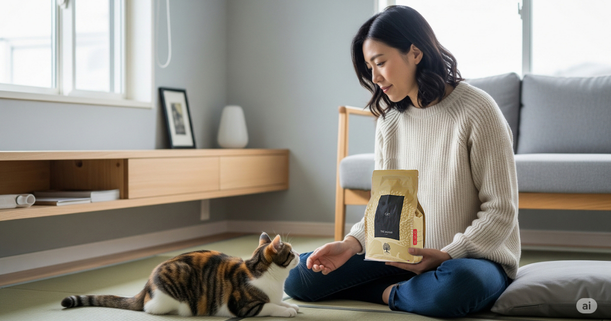 ジャガーキャットフードの評判と選び方ガイド。日本のリビングで愛猫の三毛猫とフードを見つめる30代の日本人女性。