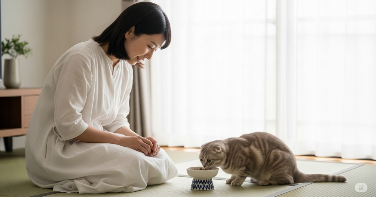 ジャガーキャットフードの評判と実際の使用感がわかる画像。現代的な日本のリビングで、30代の日本人女性が愛猫のスコティッシュフォールドが喜んでフードを食べる様子を笑顔で見守っており、満足度の高い口コミを表現しています。
