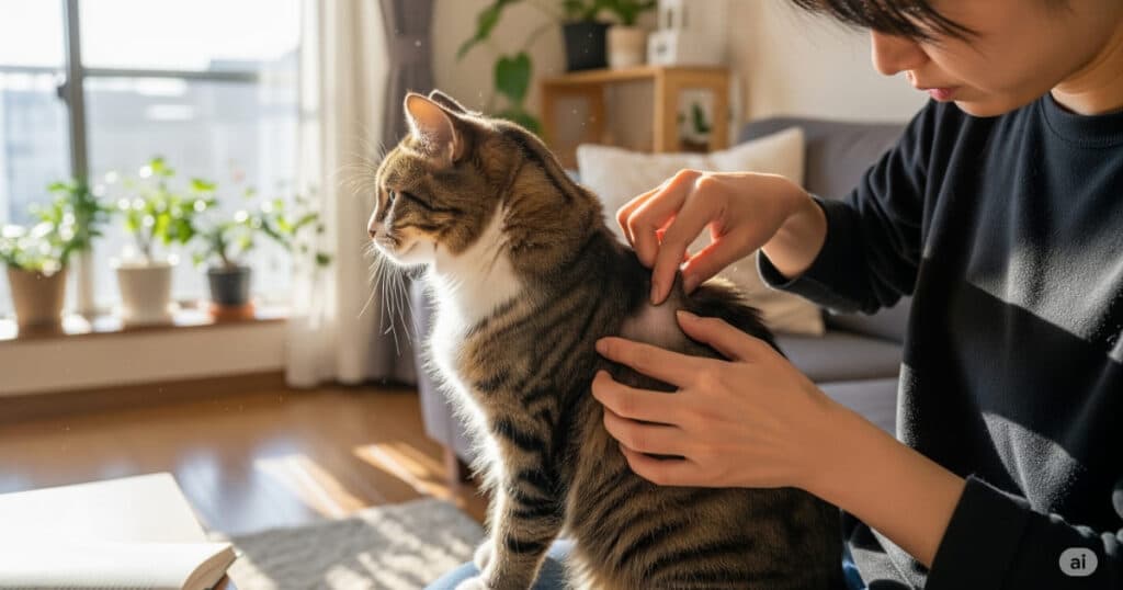 「日々の健康チェック - 病気の早期発見に繋がる、毎日のボディチェックの習慣」
飼い主が猫を撫でながら、毛並みや皮膚の状態を優しくチェックしています。日々のスキンシップを兼ねた健康観察は、しこりや皮膚炎などの異常を早期に発見し、病気の重症化を防ぐための最も重要な習慣です。