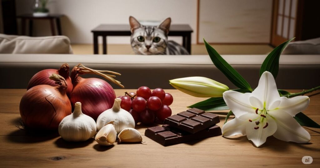 「猫に与えてはいけないもの - 玉ねぎ、チョコレート、ユリ科の植物など猫に有害な食べ物や植物の集まり。飼い主が知るべき危険性を具体的に示し、愛猫を事故から守るための注意を喚起する画像。」