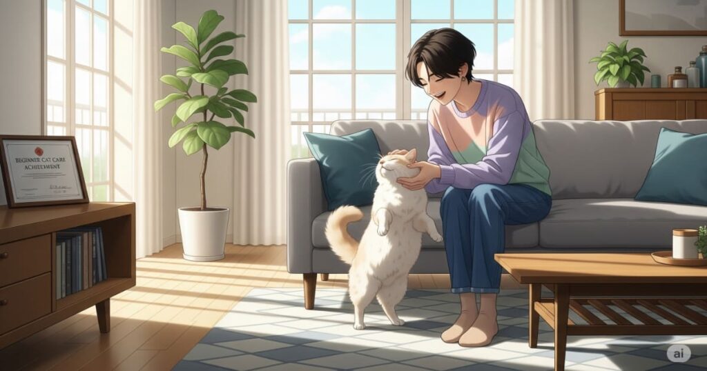 猫の世話 初心者 - 幸せそうに猫を撫でる若い日本人女性と、気持ちよさそうにするキジトラの猫。モダンなリビングで、猫との穏やかな暮らしの始まりを表現