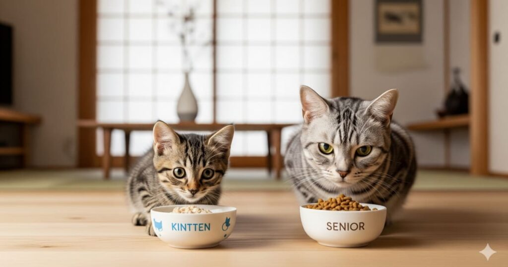 「年齢に合わないフード - 小さな子猫と年配のアメリカンショートヘアが、それぞれ年齢に合ったフードの入った別々の皿の前に座っている」