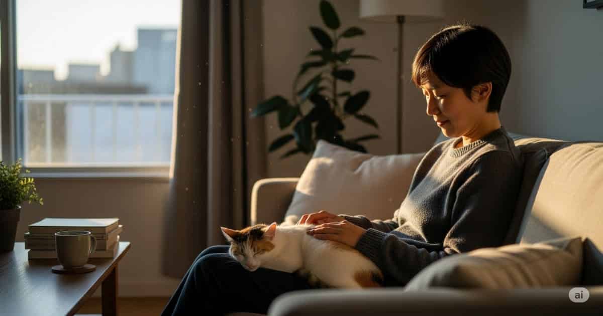 「猫の飼育費用 心構え - 40代の飼い主が、夕日が差し込むモダンなリビングのソファでくつろぎ、膝の上で眠る三毛猫を優しく撫でている。計画的な費用管理による幸せな暮らしを象徴」