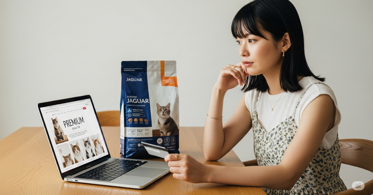 ジャガーキャットフードの価格とコストパフォーマンス。ノートパソコンで公式サイトを見ながら、クレジットカードを手に購入を検討する20代の日本人女性。