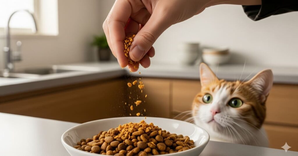 猫 食欲 トッピング - キャットフードの上に、飼い主がフリーズドライのささみをふりかけている。愛猫の食欲を刺激するトッピング活用術を分かりやすく見せる。