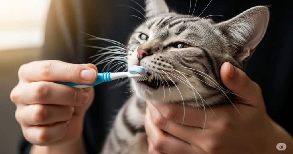 「デンタルケア - 将来の医療費を抑える、大切な歯磨きの習慣」
猫専用の歯ブラシを使い、飼い主が優しく歯を磨いています。歯周病は様々な全身疾患の原因となるため、日々のデンタルケアが非常に重要です。健康な歯を維持することが、結果的に将来の高額な医療費を防ぐことに繋がります。