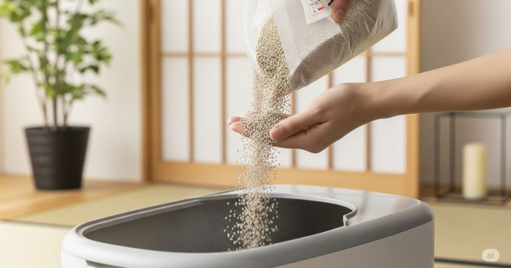 「猫砂 種類 - 日本人飼い主が新しい猫砂をトイレに注いでいるクローズアップ。猫が好むとされる鉱物系の砂の質感が伝わり、清潔なトイレ環境を維持する重要性を示している。」